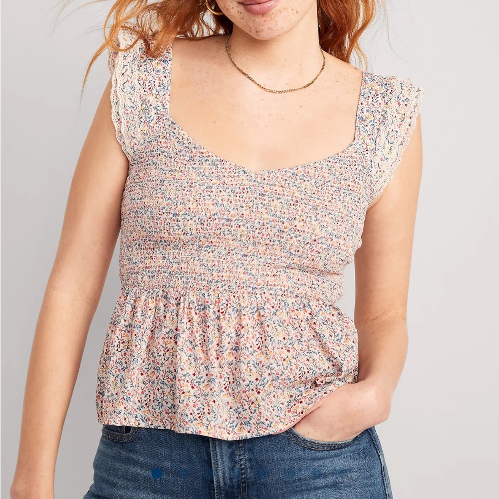 NWT Fitted Flutter-Sleeve Smocked
Top